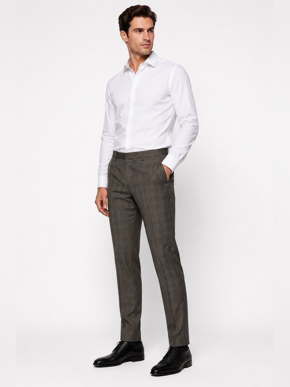 BOSS Hugo Boss Gray Plaid Dress Pants Men’s 34R Wool Blend Flat Front Trousers